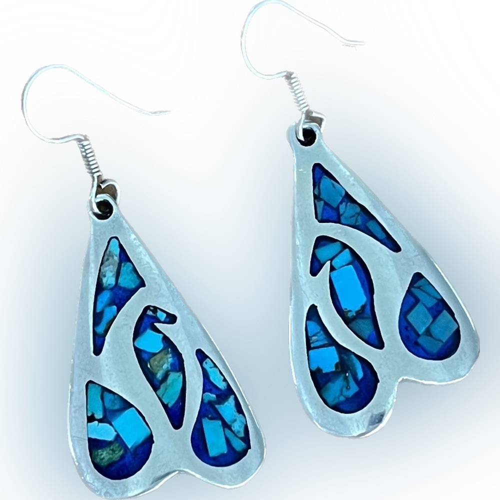 TAXCO Early 80’s Sterling Silver Drop Earrings with Blue Turquoise Inlay.